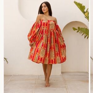 House Of Sundar Off Shoulder Tigress Handmade 100% Organic Cotton Dress